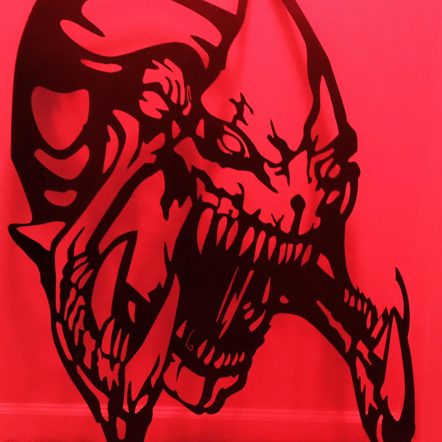 A detailed skull design shown against a red background.